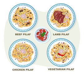 Pilaf illustration. Traditional uzbek dish with rice, vegetables and meat
