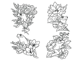 Set of funny floral toads. Collection of cute ranch frogs with flower bouquet. River animals. Vector illustration on a white background.