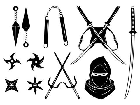 Set of ninja weapon. Collection of silhouettes items for the ninja. Japan knife. Vector illustration of a star weapon.