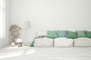 White living room with sofa. Scandinavian interior design. 3D illustration