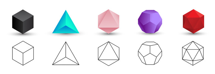 Set of colorful vector editable 3D platonic solids isolated on white background. Mathematical geometric figures such as cube, tetrahedron, octahedron, dodecahedron, icosahedron. Icon, logo, button.