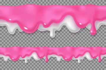 Melted pink and white icing or sweet sauce drop set. Berry yogurt design. Realistic 3d horizontal leaking syrup dripping collection isolated on transparent background. Edge decoration