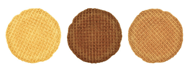 Yellow and brown waffles on a white background. Round crispy waffles. Isolated photo