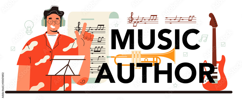 Poster music author typographic header. composer making and playing