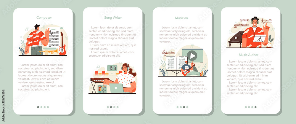 Poster composer mobile application banner set. author making and playing