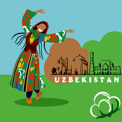 Obraz na płótnie Canvas a girl from Uzbekistan dances in a national costume against the backdrop of Bukhara sights with the inscription 