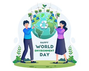Couple holding the globe earth together taking care of the globe earth. Save the planet, save energy. Earth Day concept. Flat style vector illustration