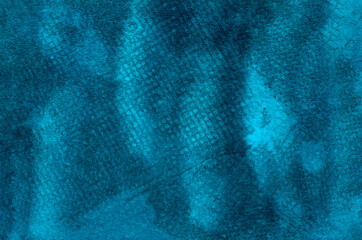 Blue watercolor texture. Background for product design. Watercolor splashes, brush strokes, beautiful blue spots. Creative prints of paint, background with imitation of canvas in trendy blue color.