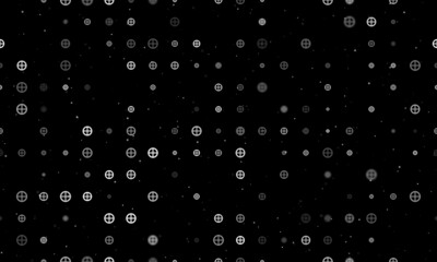 Obraz premium Seamless background pattern of evenly spaced white astrological earth symbols of different sizes and opacity. Vector illustration on black background with stars