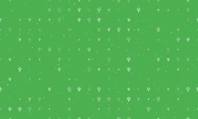 Seamless background pattern of evenly spaced white astrological pluto symbols of different sizes and opacity. Vector illustration on green background with stars