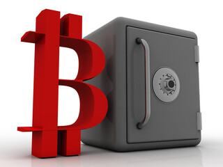 3d rendering bitcoin sign currency with locker
