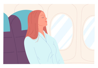 Fototapeta Young woman asleep on the plane. Vector illustration obraz