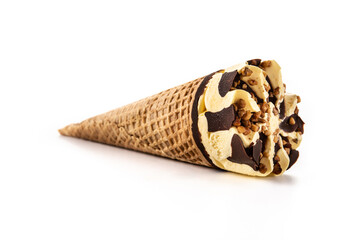 Vanilla and chocolate ice cream cone isolated on white background