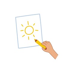 Hand drawing a picture of the sun on paper. Creating simple artwork with a pencil for kids concept. Pastime painting activity. Vector illustration