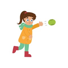 Cute girl throwing a ball. Outdoor baseball activity. Happy child throws ball. Vector illustration