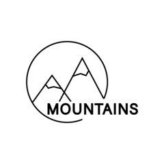 Mountain minimal simple logo with sun and ice peaks. Isolated vector illustration on white background. 