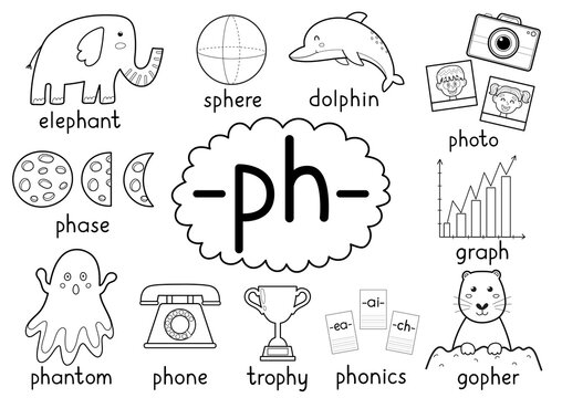 Ph digraph spelling rule black and white educational poster set for kids with words. Learning phonics for school and preschool. Phonetic worksheet. Vector illustration