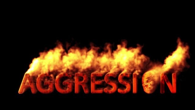 Text aggression with man skull burning on black background, isolated - loop video