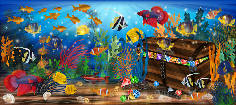 Underwater background with treasure chest box and tropical fish, vector illustration