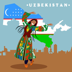 
a girl from Uzbekistan dances in a national costume with a national costume against the background of the sights of Tashkent with the inscription "Uzbekistan" and a map with the flag of Uzbekistan
