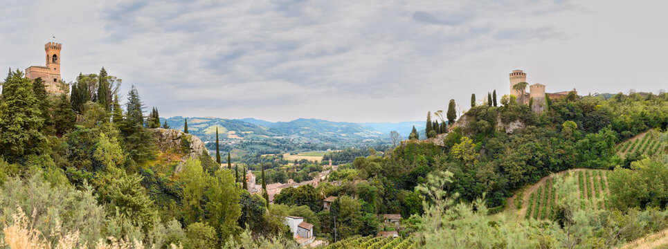 Brisigella, Ravenna, Emilia-Romagna, Italy. Beautiful panoramic aerial view of the medieval city and Manfredian fortress with clock tower. Famous symbols of the defensive city