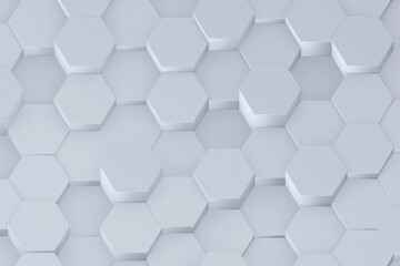 White isometric hexagon abstract background. Honeycomb shape moving up down randomly 3d rendering