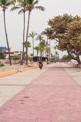 Photographs of a concrete path with cobblestone marks, at the ends it is gray and in the center it is red. The path is from a Boulevard on the beach. People can be seen walking, collecting leaves and 