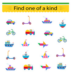 Educational game for kids. Need to find one of a kind transport. Visual intelligence. Vector illustration