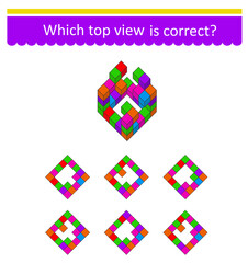 Logic game for children. Which top vıew is correct? IQ training test. Printable worksheet. Vector illustration