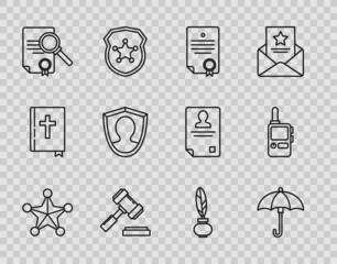 Set line Hexagram sheriff, Umbrella, Certificate template, Judge gavel, Document with search, User protection, Feather and inkwell and Walkie talkie icon. Vector