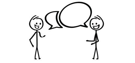Two cartoon stickman, stick figure man, dialogue, speaking people icon or pictogram. Talk or chat icon or pictogram. talking, speech bubble symbol. Friendship conversation. People talking, feedback