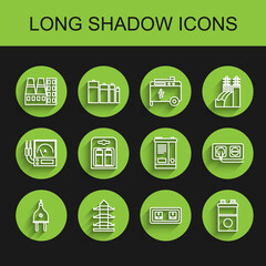 Set line Electric plug, High voltage power pole line, Power station plant and factory, Electrical outlet, Car battery, Battery pack, and icon. Vector