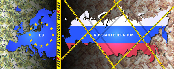 Political illustration. European sanctions against the Russian Federation. Silhouettes of maps in the colors of national flags against the background of banknotes of 100 euros and 5000 rubles