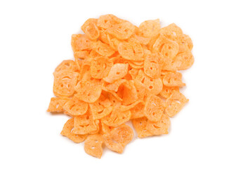 Crispy salted snacks on white background.