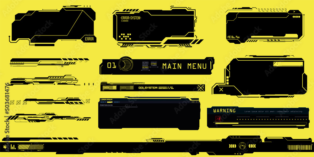 Poster futuristic set of signs, frames in cyberpunk style, isolated on a yellow background. virtual screen 
