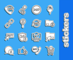 Set line Remove shopping cart, Cursor click document folder, Envelope with coin dollar, Clock 24 hours, Magnifying glass and, Chain link, Telephone support and icon. Vector