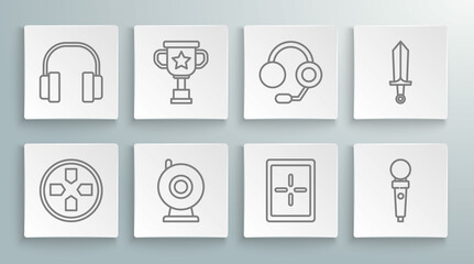 Set line Gamepad, Award cup, Web camera, Tablet, Joystick for arcade machine, Headphones, Sword game and icon. Vector