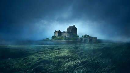 Scary and mystic theme, ancient castles, rocks and mountains in fog. Conceptual background for your...