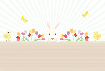 うさぎ、チューリップ、ひよこ、蝶々のイラスト © hichako