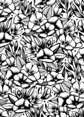 Black and white floral vector pattern. Outline flowers sketch background