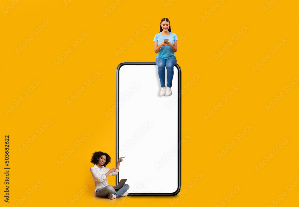 Poster people sitting on white empty smartphone screen and using gadgets