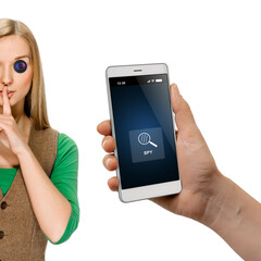 Pretty blonde woman with built-in camera posing on white background unaware of spying