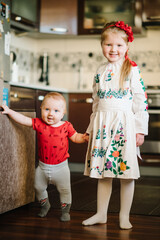 Kids at home. Portrait of a cute girl dressed in Ukrainian folk embroidered dress posing for a photo. Child with wreath of poppies on his head. National ethnic traditional costume or dress.