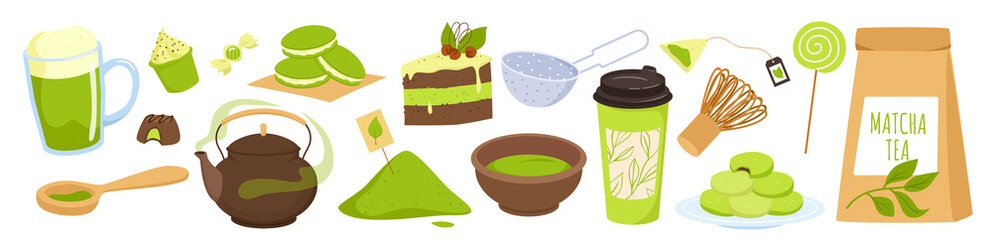 Wide set of matcha tea products and beverage. Natural green powder, organic plant leaves, traditional asian desserts and pastry, japanese healthy cuisine vector illustration