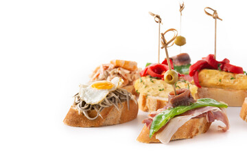 Assortment of Spanish pintxos isolated on white background	