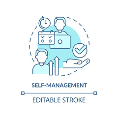 Self-management turquoise concept icon. Soft skill for career success abstract idea thin line illustration. Self-control. Isolated outline drawing. Editable stroke. Arial, Myriad Pro-Bold fonts used