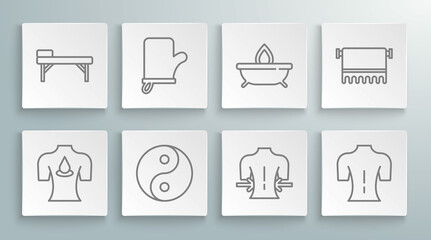 Set line Massage with aroma oils, Sauna mittens, Yin Yang, Aroma candle, Towel on hanger and table icon. Vector