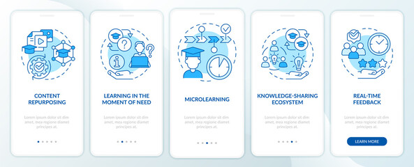 Top skills to learn blue onboarding mobile app screen. Microlearning walkthrough 5 steps graphic instructions pages with linear concepts. UI, UX, GUI template. Myriad Pro-Bold, Regular fonts used
