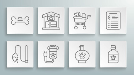 Set line Pet cat toy, grooming, Hair clipper pet, shampoo, Dog medicine bottle, stroller, Grooming salon price list and bone icon. Vector