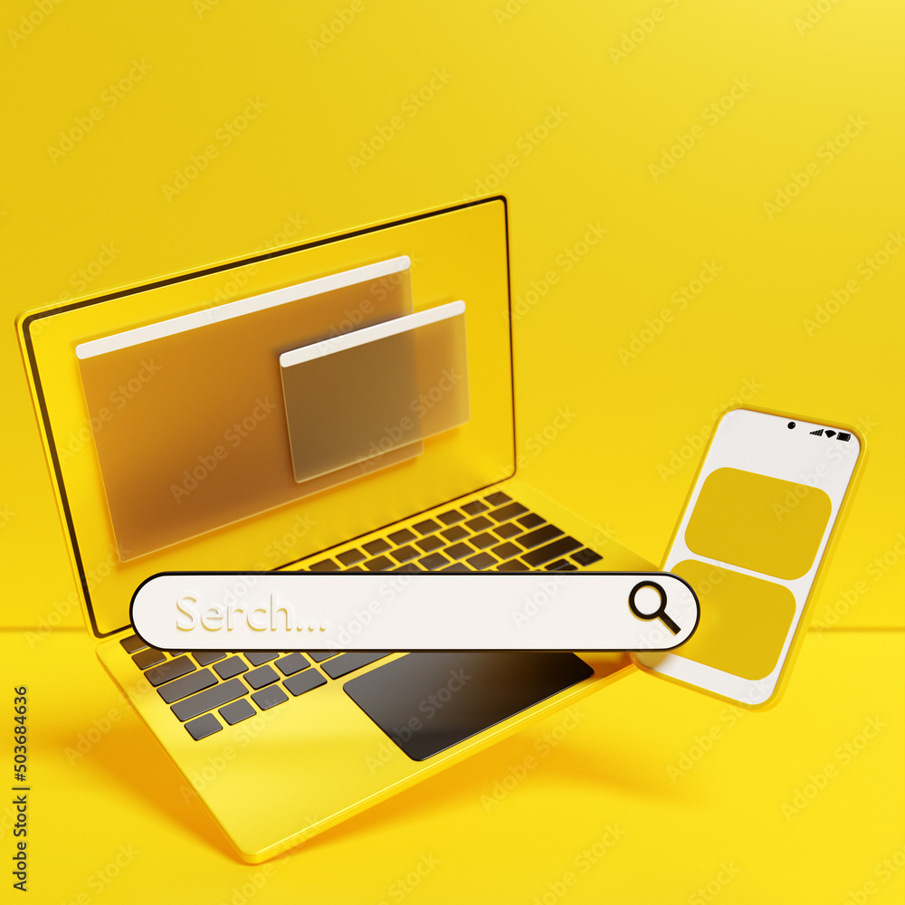 Poster 3d illustration of a laptop and smartphone with an open browser tab on the screen and an audio searc